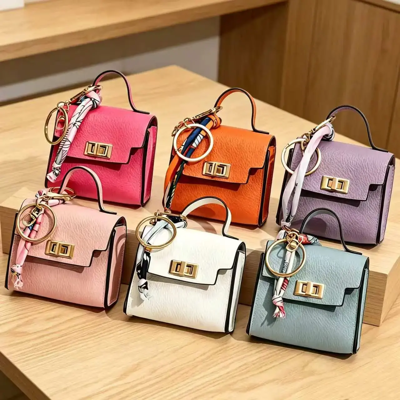 Mini Square Bag-Shaped Charm — Premium leather paired with a colorful strap; a cute accessory for keys or a bag charm.