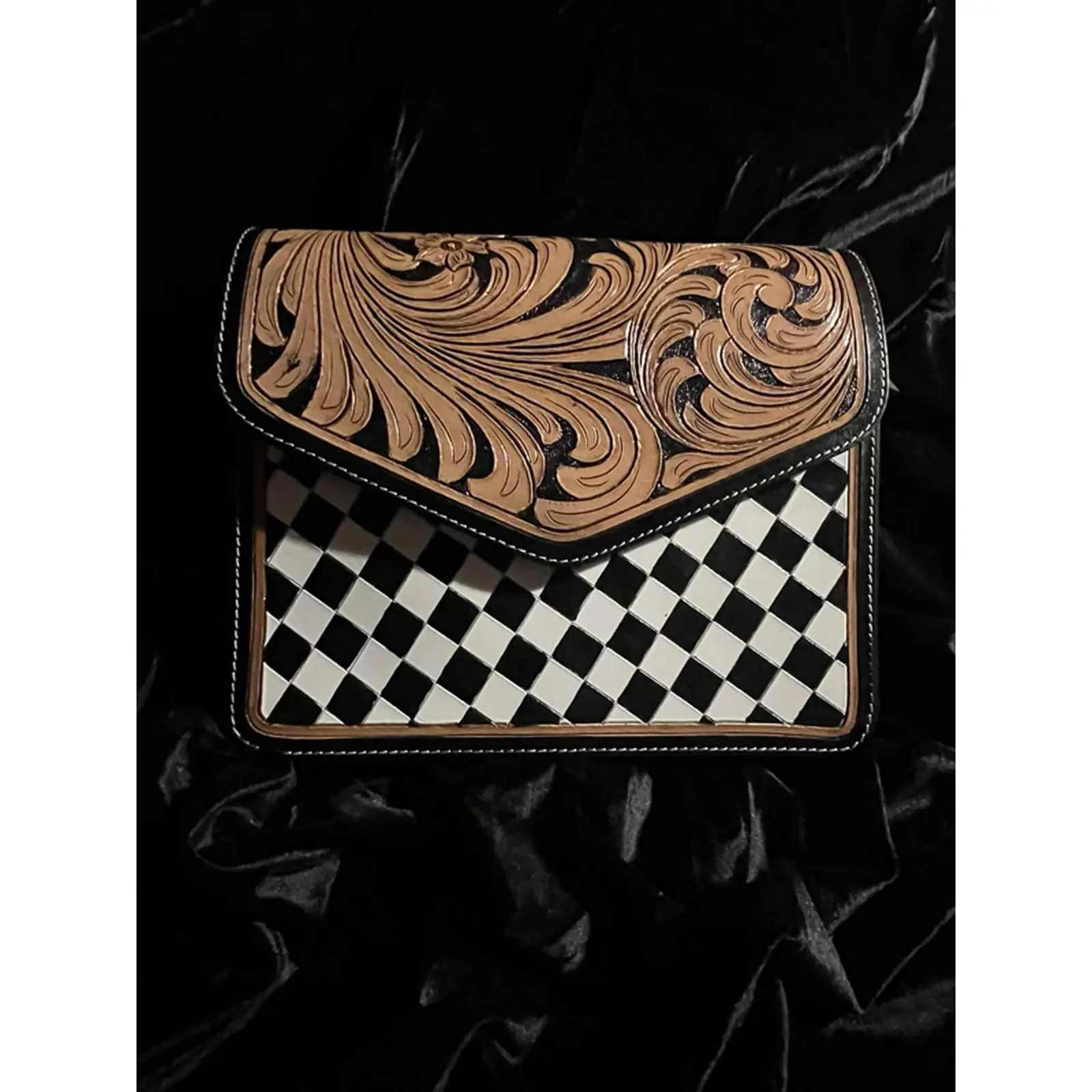 Western Luxury Hand-Tooled Leather Tote Crossbody Bag with Matching Strap with hand painted black and white checks.