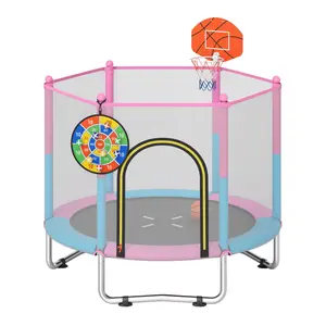 COSTWAY - 60 inch Kids Trampoline Toddler Recreational Trampoline with Basketball Hoop-Macaron