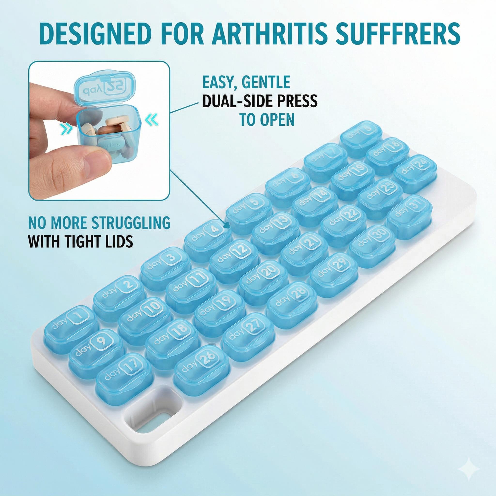 31 Days Pill Box-Monthly Pill Organizer with Lid 1 Count 31-grid Portable Daily Pill Storage Box, Arthritis-Friendly Easy-Open Lids Removable Pill Pods Date Reminder & Travel Case for Vitamins & Medications for Daily Use Healthcare