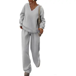 PrettyGarden Casual Winter Two Piece Sets for Women V Neck Sweatshirt Loose Wide Leg Pants Tracksuit Knit Fall Outfits Fleeced Inside,High Quality Loungewear-Comfy Travel Womenswear