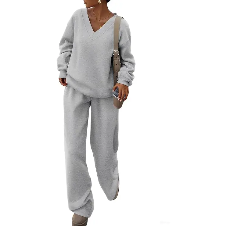 PrettyGarden Casual Winter Two Piece Sets for Women V Neck Sweatshirt Loose Wide Leg Pants Tracksuit Knit Fall Outfits Fleeced Inside,High Quality Loungewear-Comfy Travel Womenswear