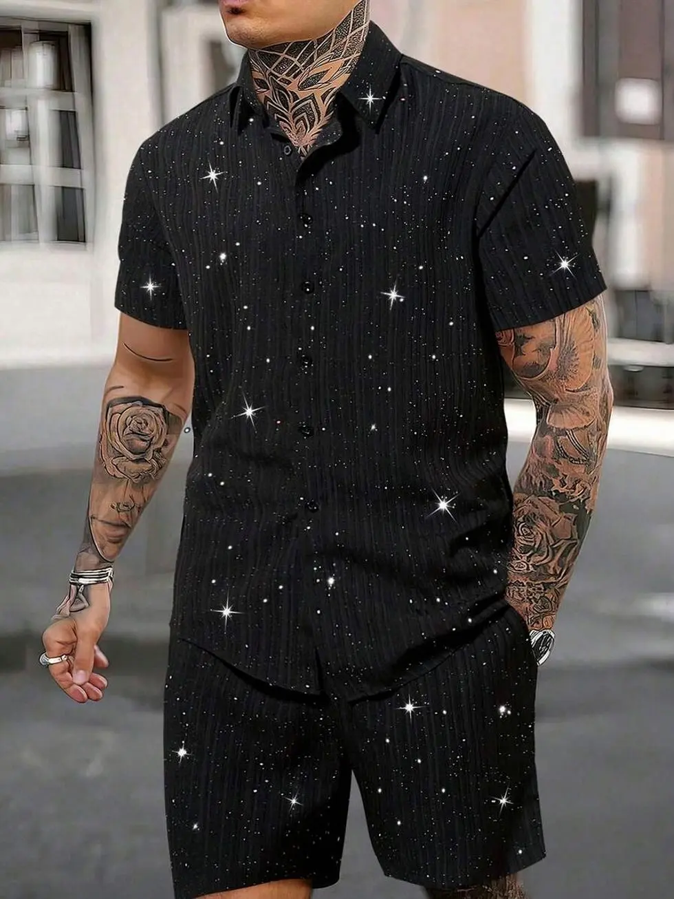 Men's 2 piece sets - Men's 2 Piece Sequin Shirt and Shorts Set, Black Sparkly Summer Party Outfit, Trendy Streetwear Matching Short Set men shorts summer clothing trending clothing trending clothes male clothing shorts for the summer men 2 piece sets