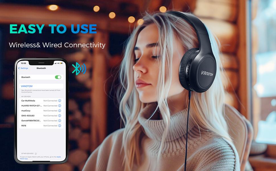 VANOTOM Wireless Headphone Foldable Bluetooth Over Ear Headset for Gaming Phones Computers Electronics Audio with 65H Playtime HIFI Sound Qualitye, Hybrid Wired Earbuds, Connection Cable