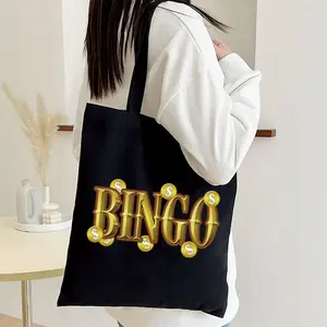 1pc Stylish Golden BINGO & Coins Print Black Canvas Tote Bag - Durable, Machine Washable, Perfect for Shopping & Everyday Use, Reusable Shoulder Bag for Men & Women, Single
