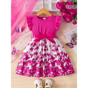 European Style Girls' Butterfly Print Dress with Ruffled Sleeves and Belt, Perfect for Casual Outings and Parties.Suitable for Outdoor Wear,summervibes