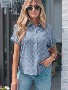 Women's Short Sleeve Polka Dot Shirt Sky Blue Button Up Blouse Classic Collar Casual Loose Fit Top