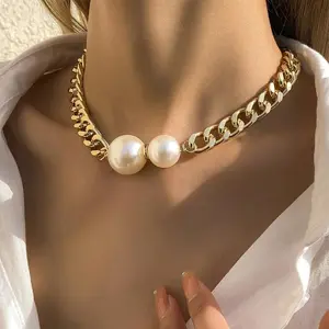 Gold Choker Necklace Pearl Chunky Necklace Pendent Cuban Link Chian for Women