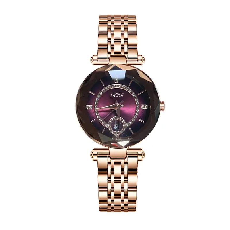 Women's Elegant Round Analog Dial Watch - Purple-Red Quartz Dial with Calendar, 30mm Case, Stainless Steel Strap with Clasp, Mineral Glass, 30m Water Resistant Fashion Wristwatch
