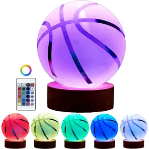 Basketball  Ball Lamp,3.15 inch  K9  Ball Night Light with Wooden Base,Basketball Lamp Light, Gifts for Boys,16 Colors Change with Remote Control (K)