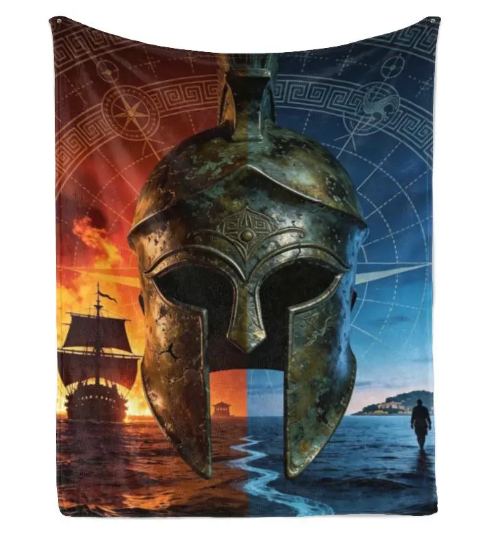 The Odyssey Spartan Helmet Greek Mythology Throw Blanket, Ancient Warrior Design Flannel Blanket, Ultra Soft Cozy Plush Blanket for Couch Bed Sofa, Warm All Season Home Decor Gift for History & Literature Lovers