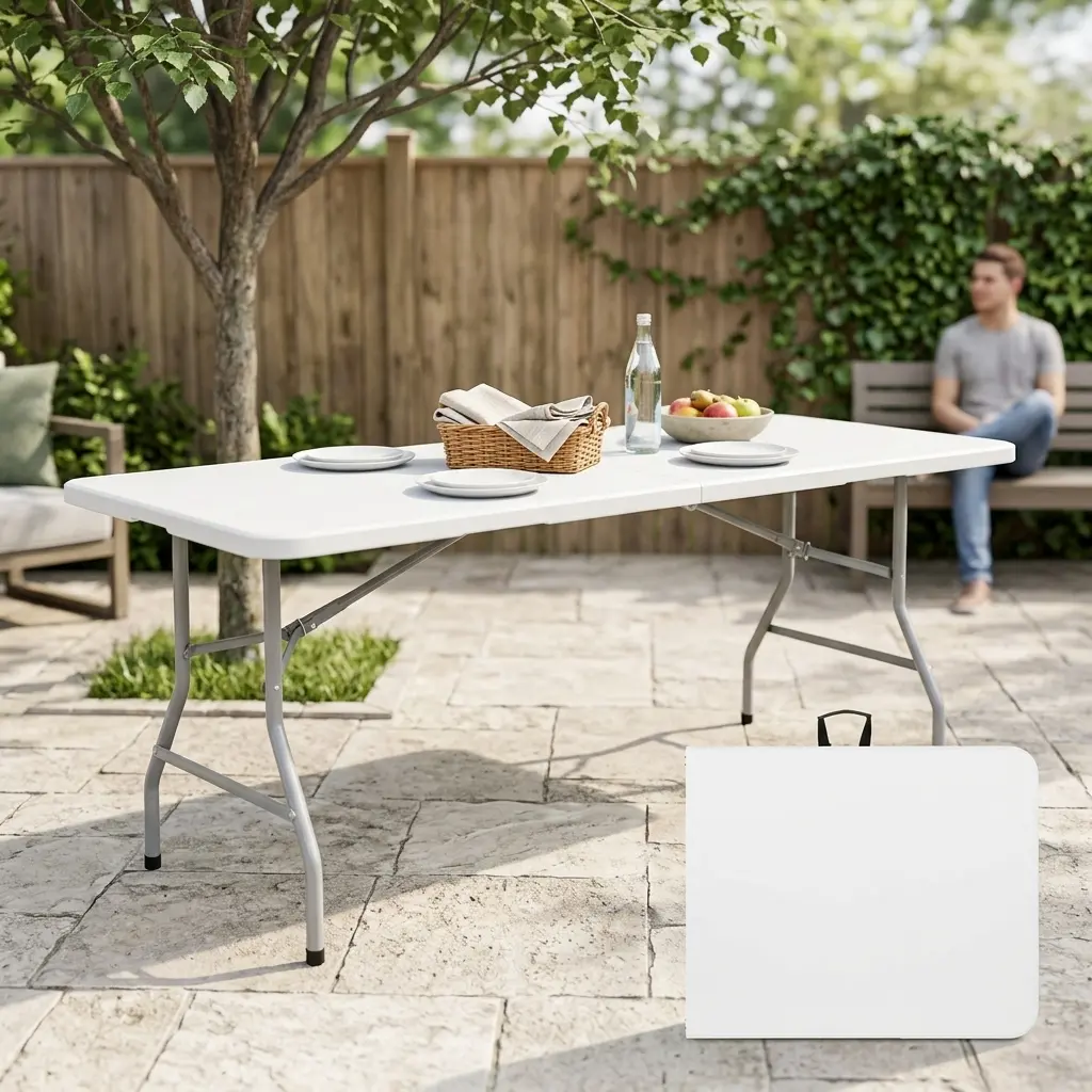 6FT Rectangular Heavy Duty Plastic Foldable Card Table, Fold-in-Half Portable with Built-in Carrying Handle & Steel Legs, Lightweight for Indoor Outdoor Picnic, Party, Camping