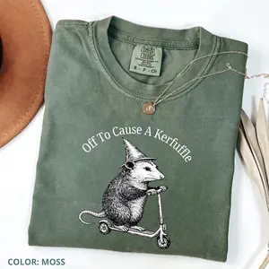 Comfort Colors Off To Cause A Kerfuffle Shirt, Funny Opossum Scooter T-Shirt, Mental Health Tee, Sarcastic Humor Shirt, Animal Lover Gift Cotton Fabric
