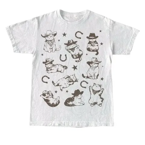 Men's Cowboy Cat & Kitten Graphic Print Menswear T-Shirt - Short-Sleeve, Classic Crew Neck, Fitted Cut, Medium Length, Retro Western Style, Vintage Ranch Desert Design, Cat Lovers Gift, All-Seasons Casual Layering Top, Cold Wash, Do Not Dry Clean