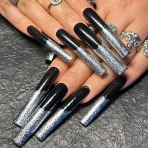 Whoever does it is pulling sister! Black silver gradient long nail full diamond ring, slay the whole scene directly when going out, pure black - sparkling silver powder, full of high-end feeling