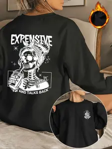 "EXPENSIVE" skull and rose print, casual retro solid color fitted long-sleeved pullover, round neck casual sporty women's pullover sweatshirt, autumn/winter fleece-lined women's clothing Tops