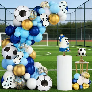142 Piece Football Party Decoration Set, Blue & Gold Wreath Arch Kit, Soccer Shape Balloons, Gold Foil Balloons, Birthday Party Decorations