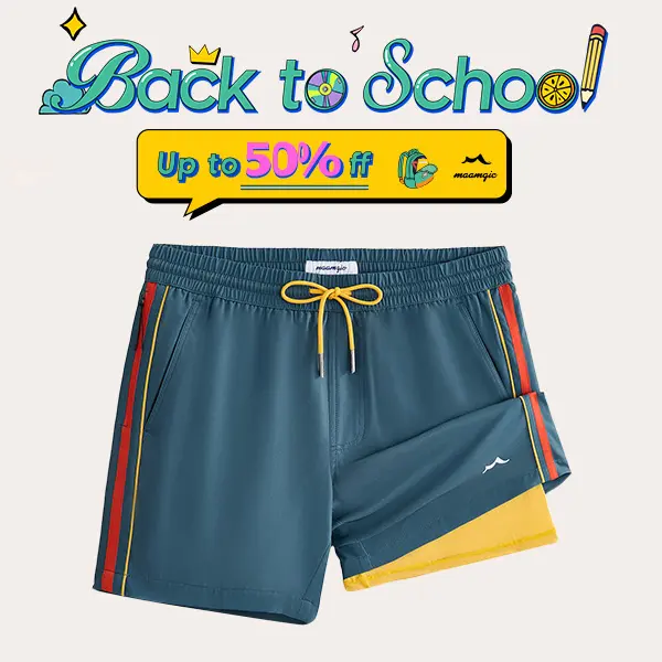 Maamgic Athleisure Shorts, Men's 5.5" RetroWave Striped 2-in-1 Swim Trunks with Anti-Chafe Compression Liner & Zipper Pockets, 5-Inch In-Seam Men's Sports Shorts, Activewear Men's Sports Shorts