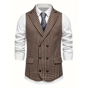 Men's Casual Plaid Vest with Double-Breasted Lapel - Woven Fabric, Spandex & Polyester Blend, Perfect for Spring/Fall