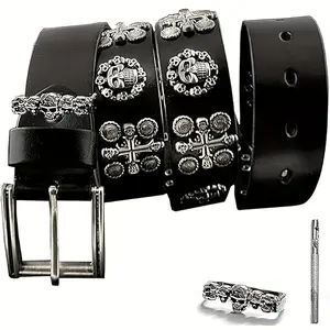 Men's Punk Genuine Leather Belts Biker Rock Skull Cross Black Waist Strap belt