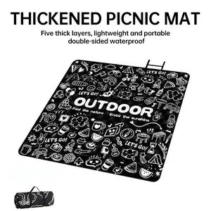 Outdoor 2mx2m graffiti picnic mat 【black】, moisture-proof and waterproof machine washable camping mat, large thickened aluminum film bottom lawn mat that does not stick to grass for outings, sand-proof and waterproof beach products and outdoor products