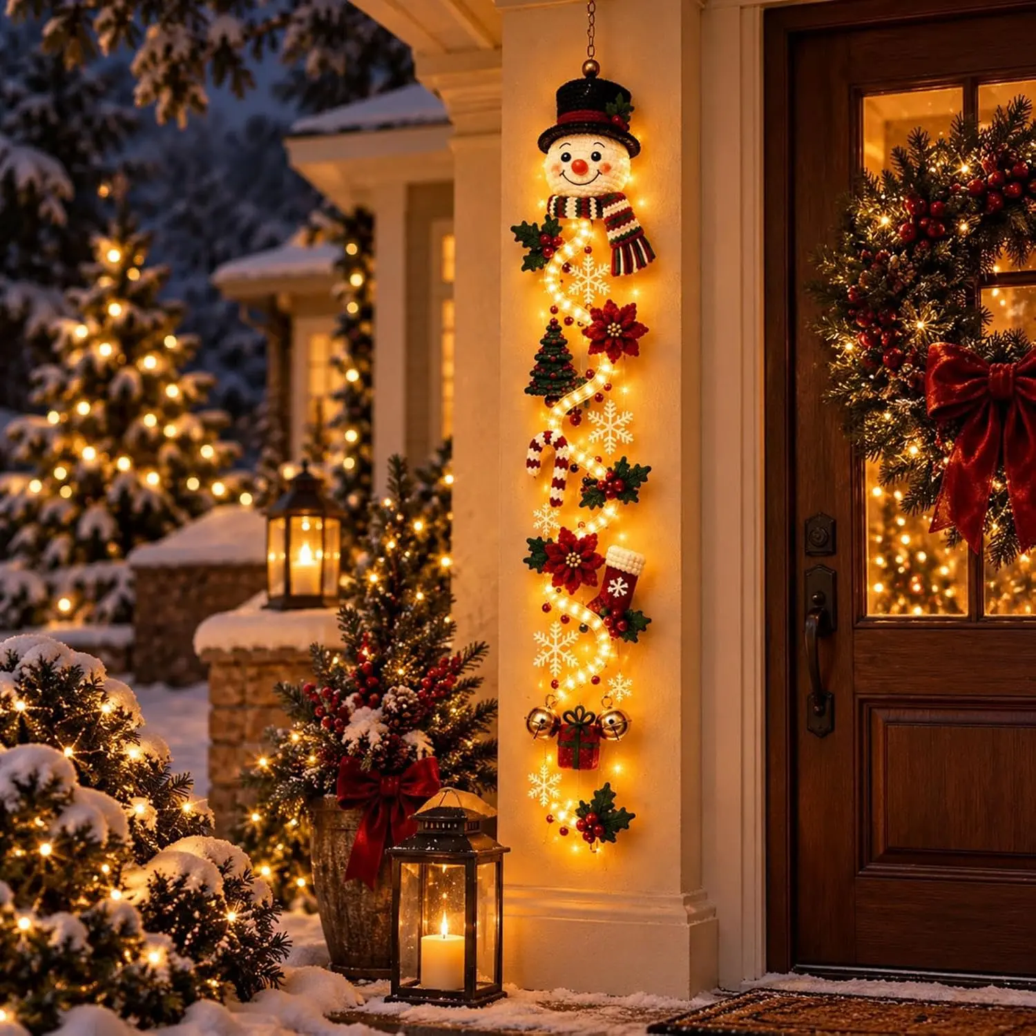 Pre-lit LED Christmas Snowman Hanging Swag Decoration with Festive Elements Lights for Porch Door Wall Holiday Home Decor