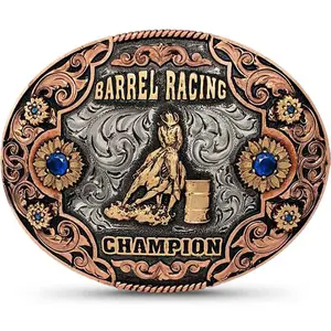 Barrel Racing Champion Belt Buckle  Hand Engraved German Silver, Bronze Copper Scrolls, 2 Blue Stones, Barrel Racer Figure, Western Style