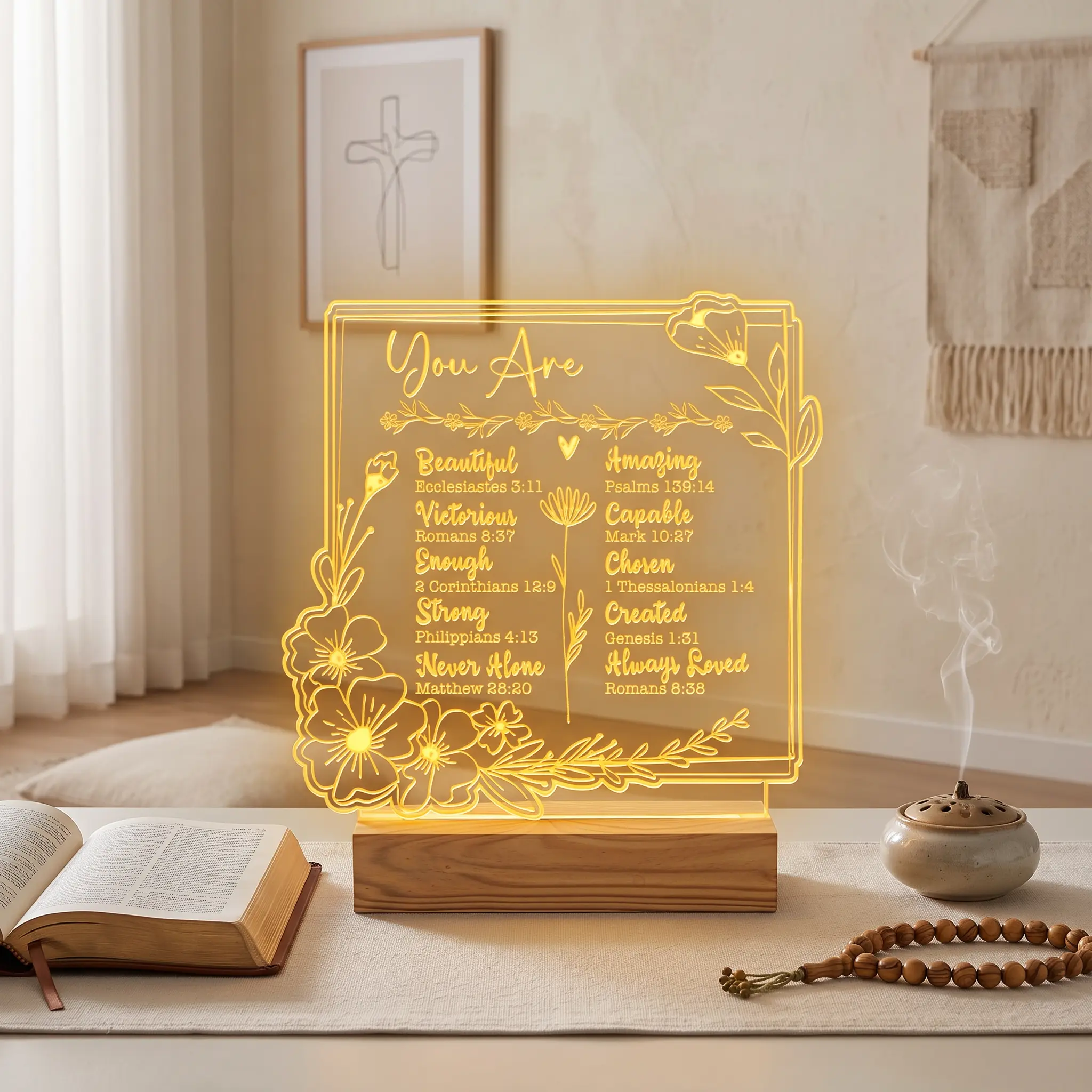 Faith-Based Acrylic & Wood LED Night Light Sign with Rectangular Panel, Bible Verse Inspirational Home Decor, Christian Gift for Women (Mom, Wife), 5X2.5 In