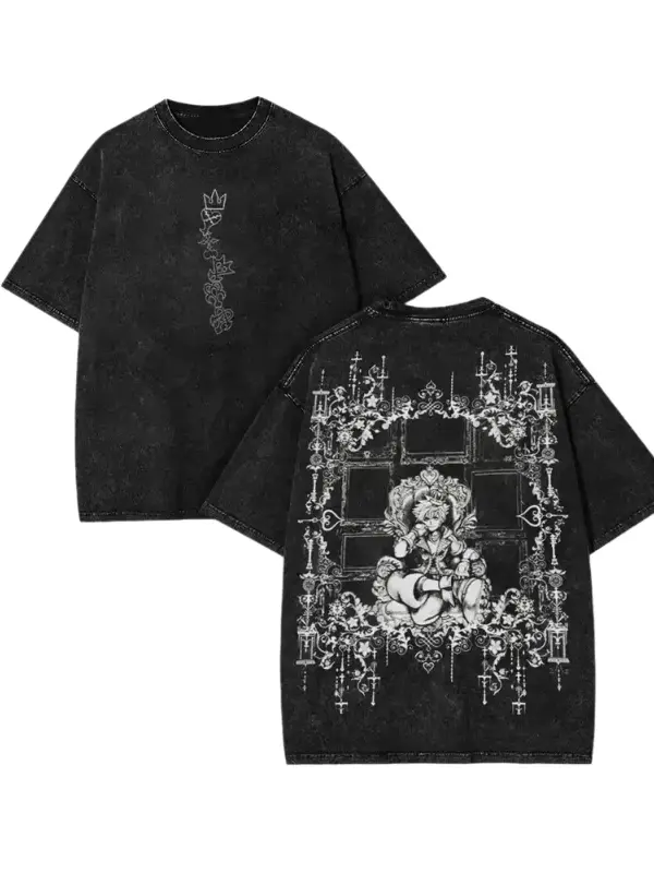 Kingdom Hearts Sora Throne Graphic T Shirt Vintage Washed Heavyweight Cotton Oversized Tee JRPG Video Game Merch Dark Gothic Aesthetic Acid Wash Men Women Unisex Retro Y2K Streetwear Trending Summer Outfits Gifts TikTok Made Me Buy It Top