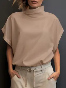 Women's Solid High Neck Batwing Sleeve Blouses, Casual Short Sleeve Top for Summer, Women's Top for Daily Wear