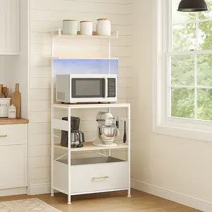 Baker’s Rack with Power Outlet & LED Lights – Kitchen Storage Shelf with 5 Hooks, Microwave Stand with Metal Frame, Utility Organizer Rack for Small Spaces, Industrial Style