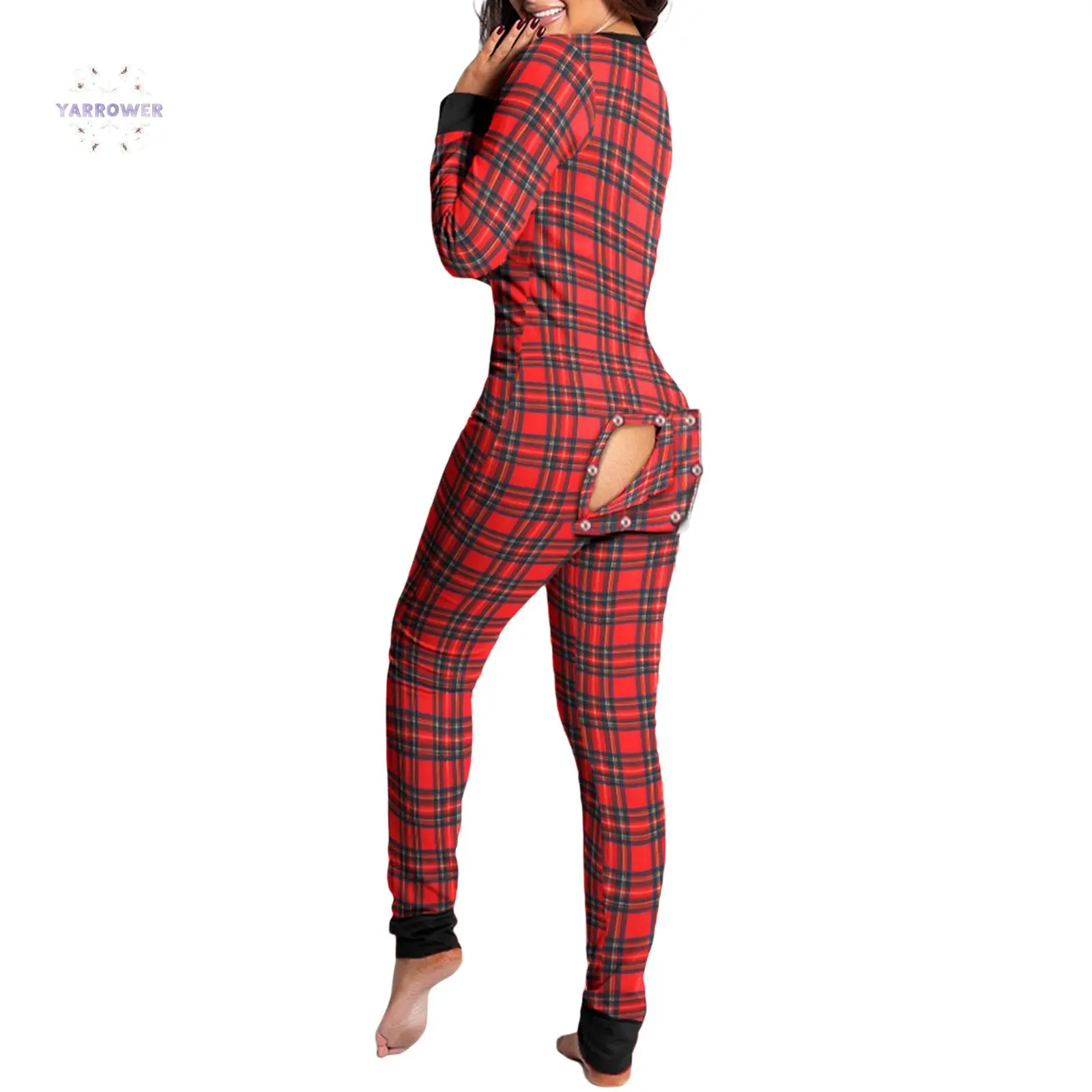 Women's Fuzzy Plaid Cow Print Bodycon Pajama Onesie Jumpsuit - Long Sleeve Deep V Neck Soft Light Check Nightwear, Functional Button Butt Flap, Smooth Boxer Pants, Birthday Gift, Party, Yoga Use