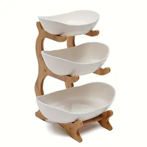 3-Tier Oval Fruit Basket with Bamboo Stand, Durable Polypropylene Kitchen Storage Rack, Modern Serving Tray, Display Riser