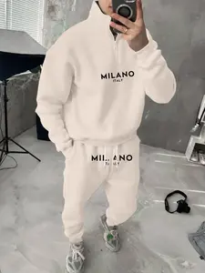 Men's Letter Print Drop Shoulder Zip Up Hoodie & Drawstring Waist Sweatpants Two-piece Set Streetwear Tracksuit Set, Regular Fit Casual Fashion Cozy Breathable Two Piece Outfits for Daily Workout Running, Men's Clothes for Fall & Winter