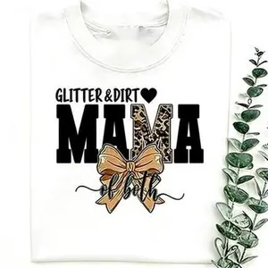 Women's Short-Sleeve Camo Coquette Bow T-Shirt - Flat Style, Glitter Accent, Essential Fabric - Gift for "Mama Of Both" Moms