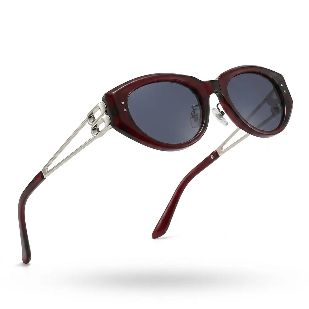 Women's Vintage Burgundy Tortoise Cat Eye Sunglasses, Hollow Silver Metal Temples, Dark Gray UV400 Lenses, Luxury Shades