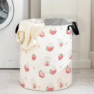 Strawberry Print Laundry Basket with Handle, Durable Foldable Clothes Storage Bin, Large Capacity Toy Organizer for Home Use