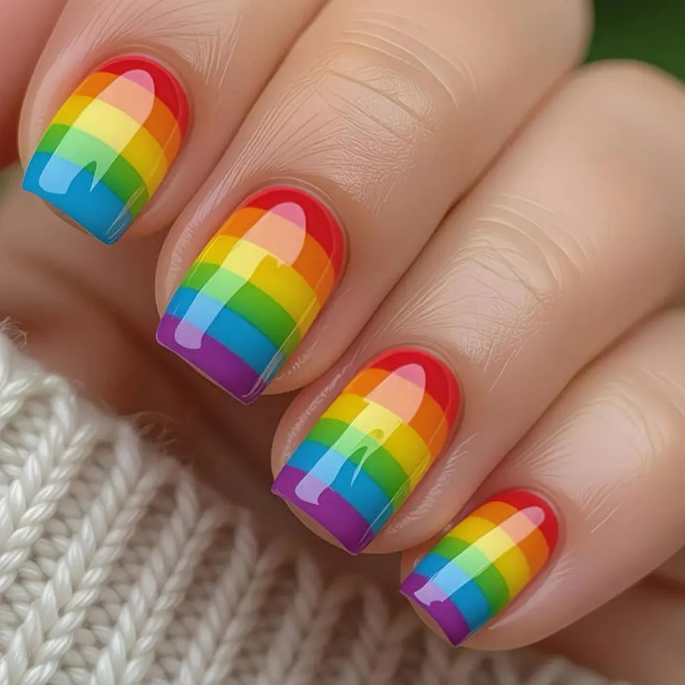 Colorful Rainbow Nail Art, Full Stripe Rainbow Design, Fashion Short Square False Nails, 24 Pieces Set, Stylish Manicure Accessories, Nail Art Products