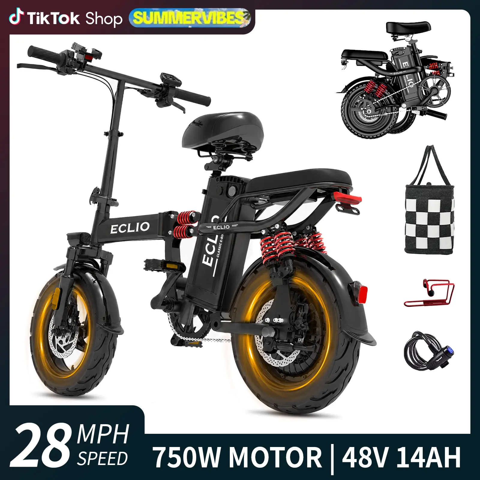 Eclio M1 Anti-theft Folding Budget Electric Bike, 48V 14Ah Removable Battery, 750W Peak Motor, 50-70 Miles Range, 28MPH Top Speed, 11 Spring Shock Absorbers, 14-Inch Tires, UL Certified Commuting E-Bike for All Ages, 12 Months Customer Support