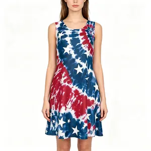 Women's Summer Dress 4th of July Tie Dye Star Print Sleeveless Tank Sundress – Flowy A-Line Swing, Soft Stretchy Lightweight Patriotic Outfit for Beach, BBQ, Vacation, Party & Daily Wear