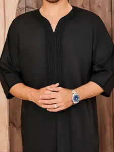 Islamic Moroccan Men's Long Robe Thobe, Traditional Ramadan Eid Clothing, Embroidered V Neck Loose Fit Woven Fabric, Perfect Gift