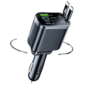 5 IN 1 Retractable Car Charger USB Type C PD Retractable Cable For iPhone Samsung Fast Charging Cord Cigarette Lighter Adapter keyboard clicker traveling gadgets