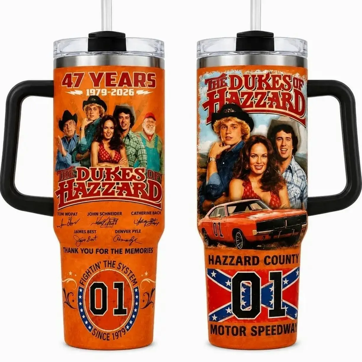 The Dkes 0f H@zzard 47 Years Anniversary Tumbler 30oz 40oz With Handle, Orange Classic TV Show Fan Cup With Retro Car