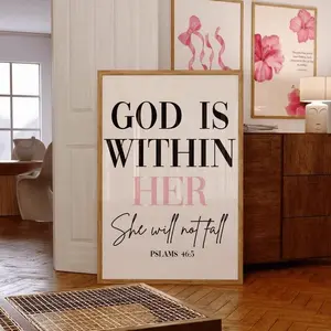 [UNFRAMED POSTER] God Is Within Her She Will Not Fall Bible Quote, Bible Affirmation, Faith And Hope Poster, Pink & Black Poster, God Poster, Bedroom Wall Art