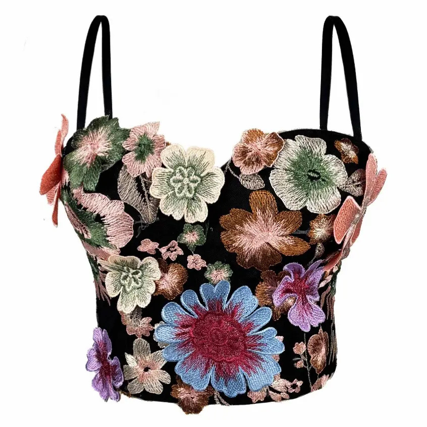 Women's Floral Handmade Embroidery Foldable Corset Tank Top - Sleeveless Fishbone Shaper Crop Tube Vest with Hook and Eye for Valentine's Day, Easter Outfits, Short