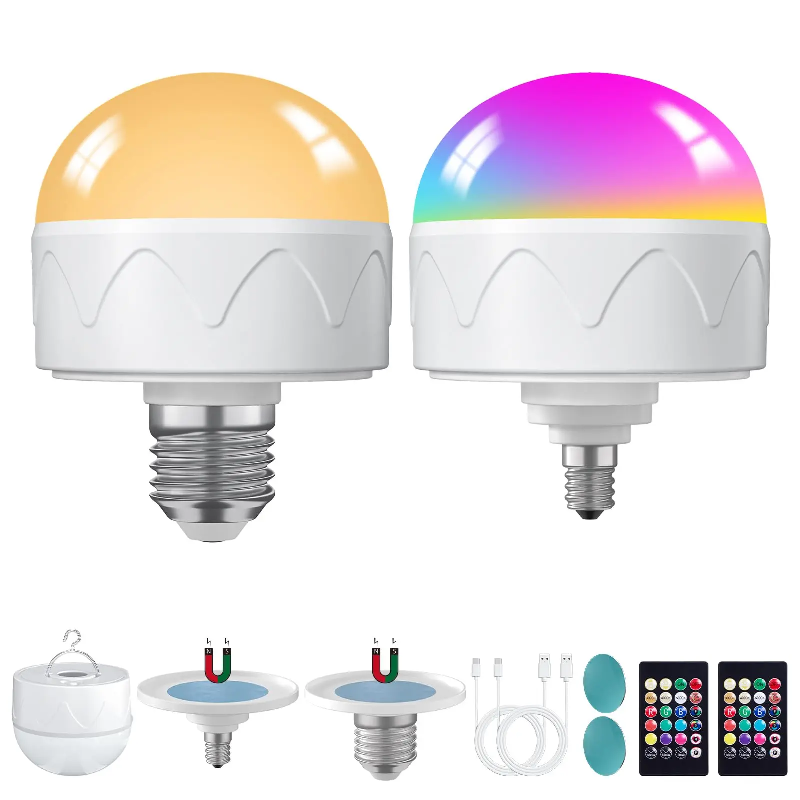 ChangM 2Pack Rechargeable Light Bulbs with Remote E26/E12 Battery Operated Light Bulb 2200mAh, 3 Color Temperatures/Timer/Dimmer/Color Changing Puck Lights with Remote, Cordless Light Bulb for Non-Hardwired