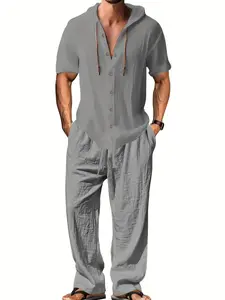 Men’s Plain Black Short-Sleeve Linen Casual Suit - Menswear 2-Piece Pants & Top Set, Premium Linen Fabric, Smooth Touch, Breathable, Cool, Loose Fit, Minimalist Clean Silhouette, Refined Elegance for Summer