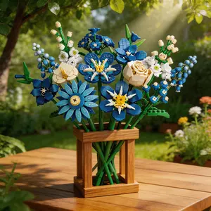 Blue Summer Building Block Flower Bouquet Set 766+ Pieces, Never Withered DIY Assembly Flowers, 9+ Blue Floral Types for Summer Home Decor, Perfect Gift for Mother's Day Birthday Anniversary