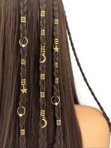 Bohemian Metal Cutout Hair Jewelry Set, Seasonal Use 34pcs Geometric Pattern Star & Moon Design for Women Girls, Perfect for Festival Braids & Stylish Looks