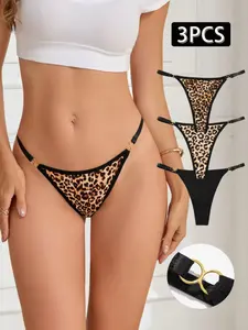 Women's Sexy Low Waist Thong Panties Set, Lingerie, Underwear, Leopard Print & Solid Color, Metal Ring Buckle Design, All Season Comfort Fit, Fashion G String, Leopard Print Panty